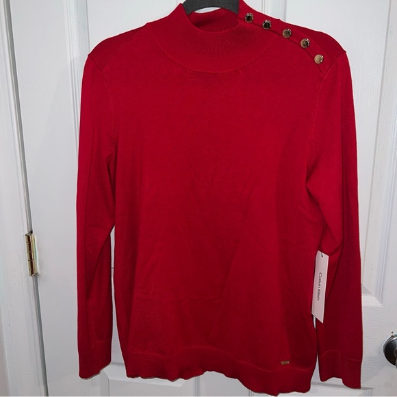 Calvin Klein Red Turtleneck Sweater with Button Accents - Picture 2 of 6